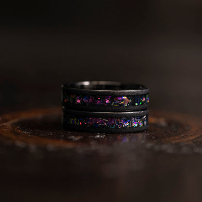 "Zeus" Flat Purple Nebula Ring- Meteorite and Opal- Black 5mm Womens
