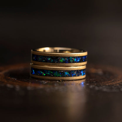"Zeus" Flat Green Blue Nebula Ring- Meteorite and Opal- Gold Tungsten 5mm Womens