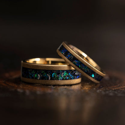 "Zeus" Flat Green Blue Nebula Ring- Meteorite and Opal- Gold Tungsten 5mm Womens