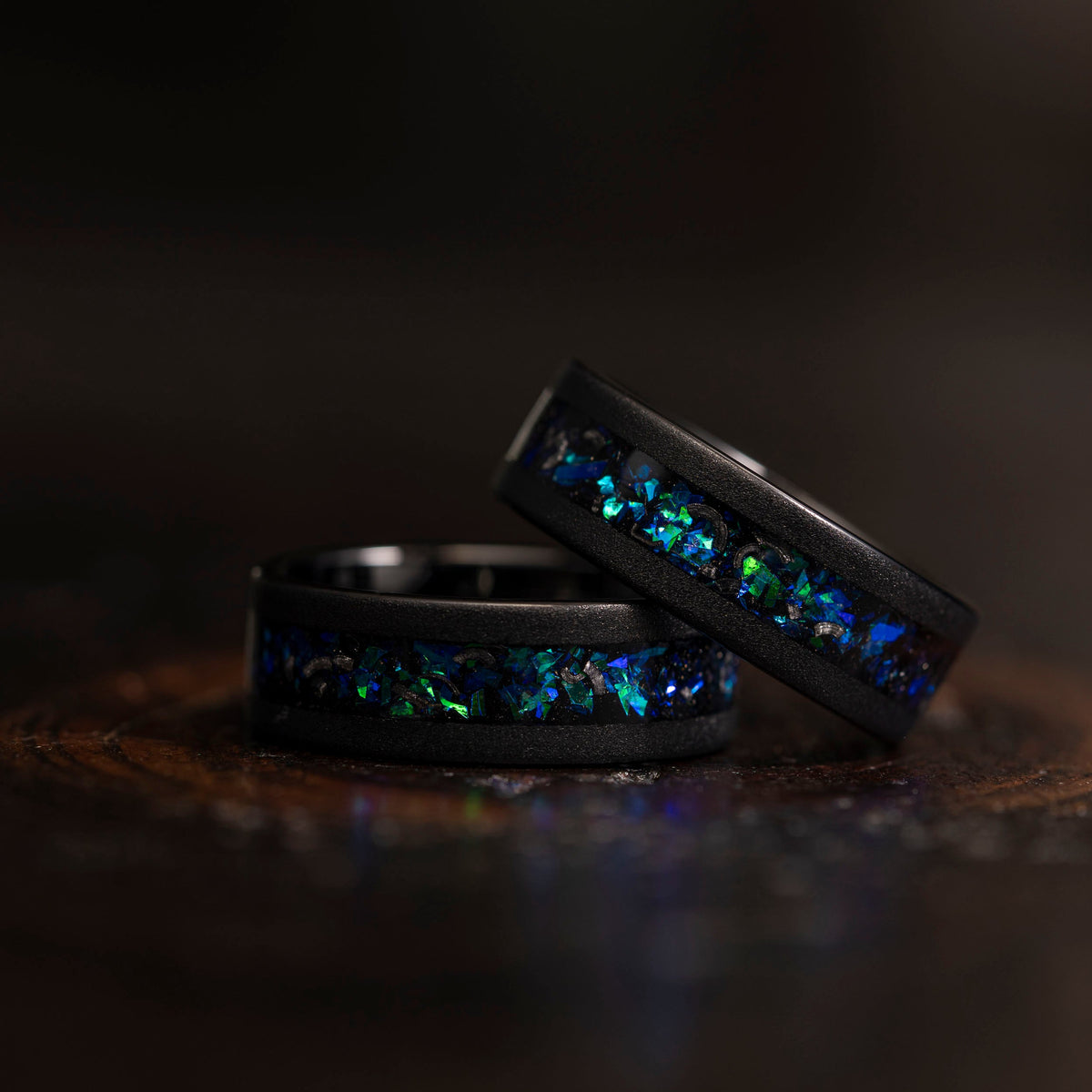 "Zeus" Flat Nebula Ring Green Blue- Meteorite and Opal- Black 8mm