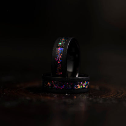 "Zeus" Flat Nebula Ring Purple- Meteorite and Opal- Black 8mm