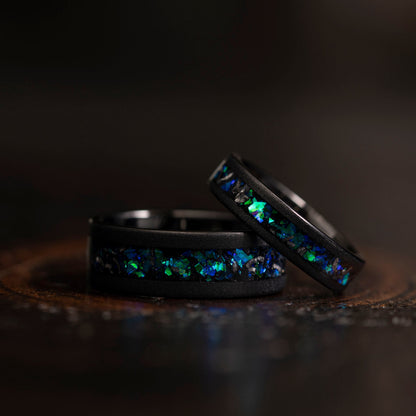 "Zeus" Flat Nebula Ring Green Blue- Meteorite and Opal- Black 8mm