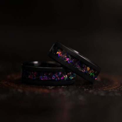 "Zeus" Flat Nebula Ring Purple- Meteorite and Opal- Black 8mm