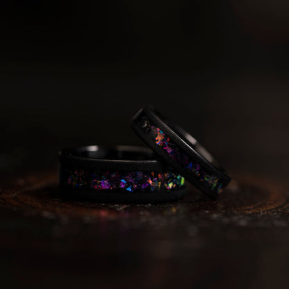 "Zeus" Flat Nebula Ring Purple- Meteorite and Opal- Black 8mm