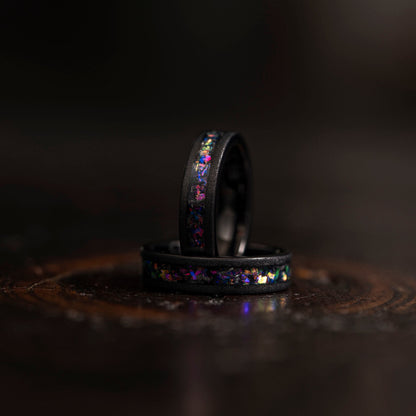 "Zeus" Flat Purple Nebula Ring- Meteorite and Opal- Black 5mm Womens