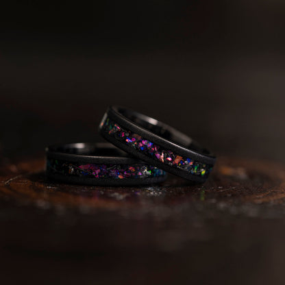 "Zeus" Flat Purple Nebula Ring- Meteorite and Opal- Black 5mm Womens