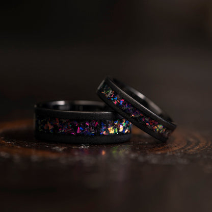 "Zeus" Flat Nebula Ring Purple- Meteorite and Opal- Black 8mm