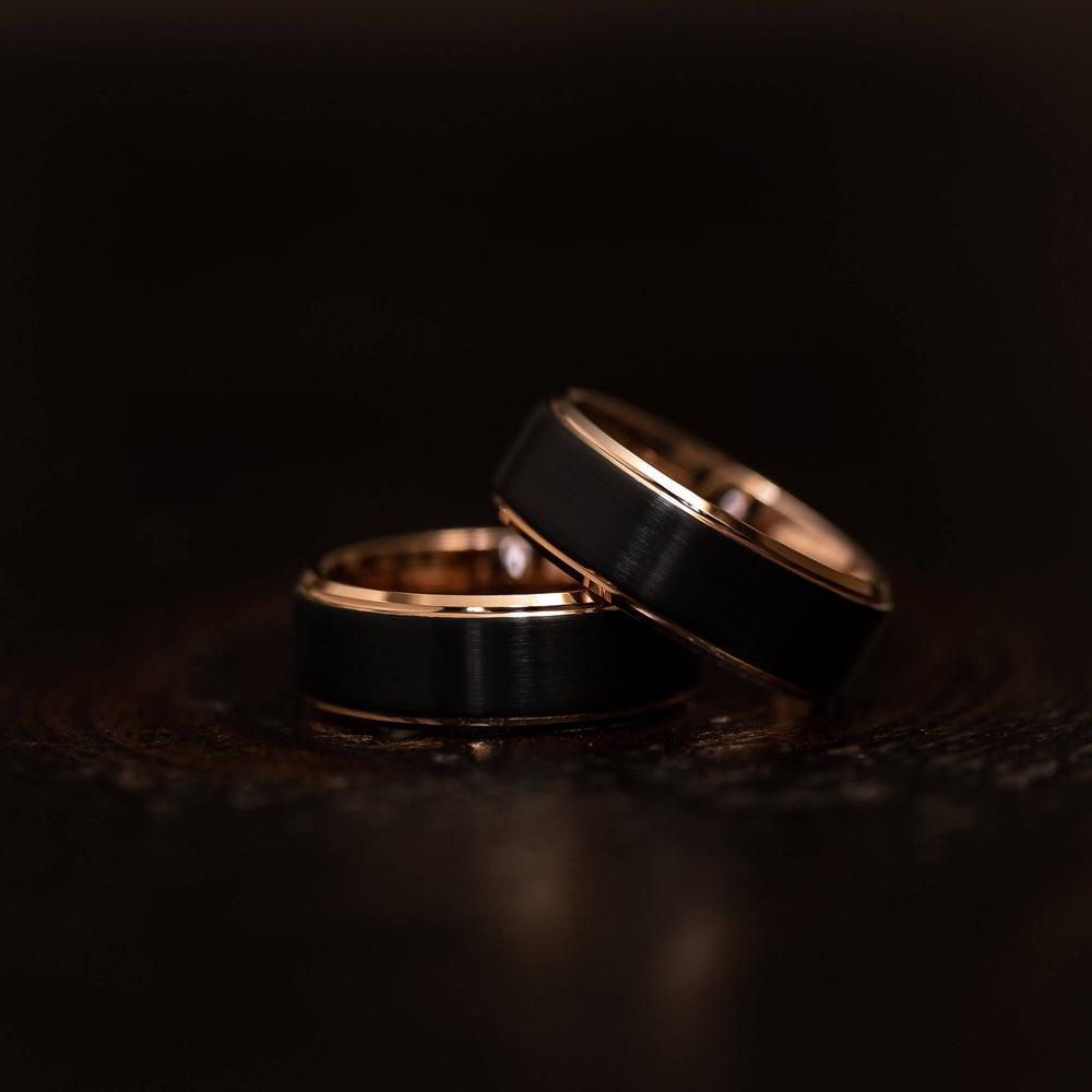 "Apollo" Tungsten Carbide Ring- Black w/ Rose Gold Strip- 8mm