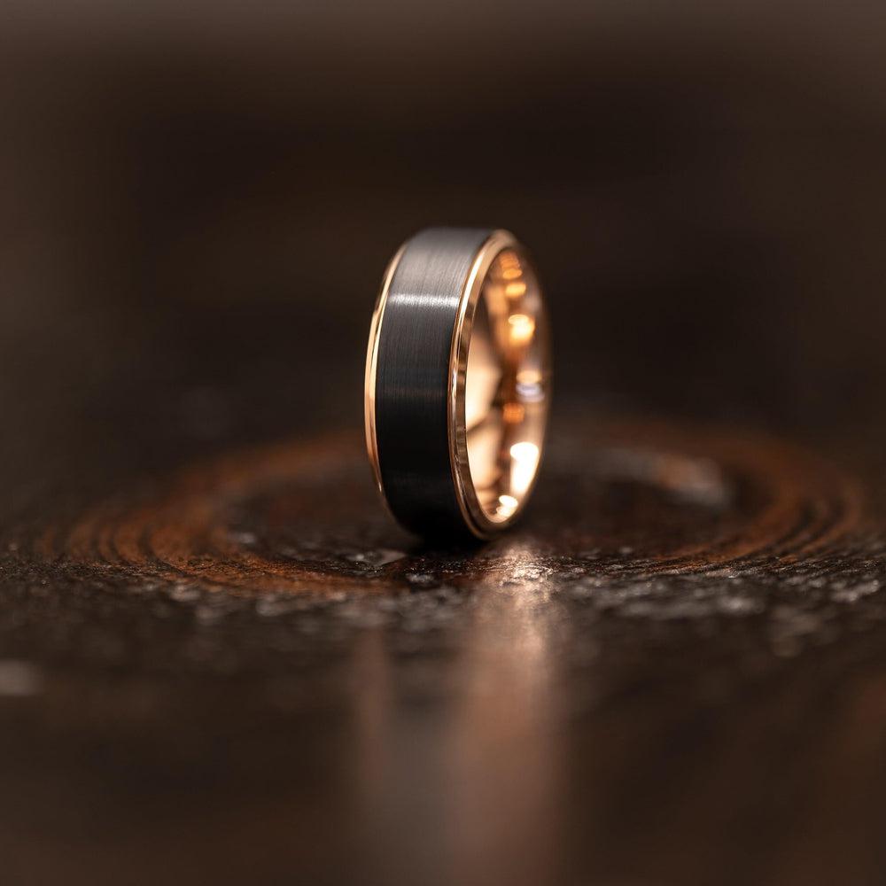 "Apollo" Tungsten Carbide Ring- Black w/ Rose Gold Strip- 8mm
