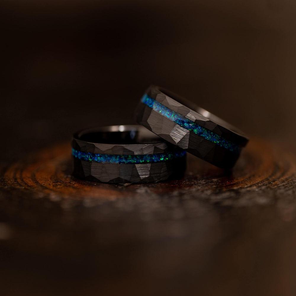 "Zeus" Hammered Tungsten Carbide Ring- Black w/ Blue Opal Strip- 8mm