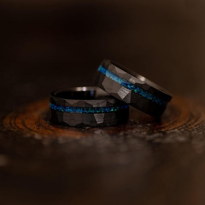 "Zeus" Hammered Tungsten Carbide Ring- Black w/ Blue Opal Strip- 8mm