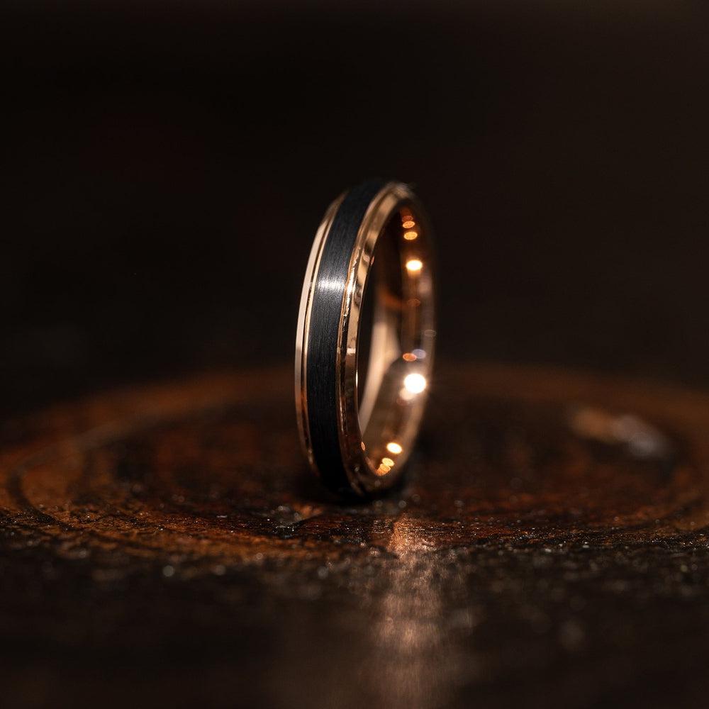 "Apollo" Womens Tungsten Carbide Ring- Black w/ Rose Gold Strip- 4mm