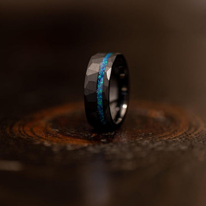 "Zeus" Hammered Tungsten Carbide Ring- Black w/ Blue Opal Strip- 8mm