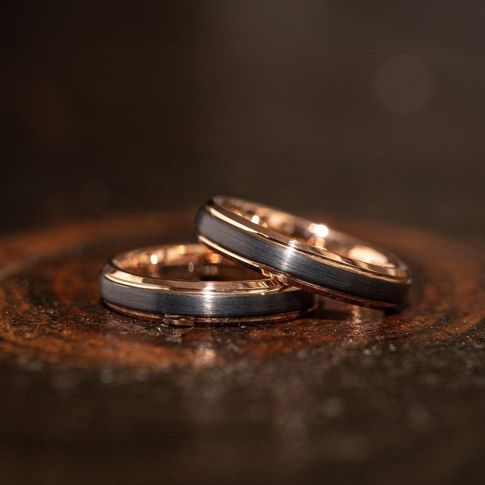 "Apollo" Womens Tungsten Carbide Ring- Black w/ Rose Gold Strip- 4mm