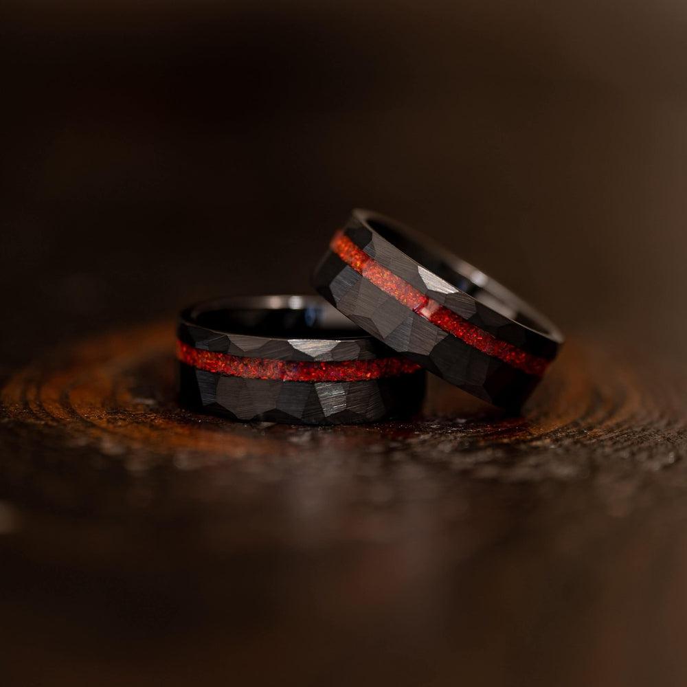 "Zeus" Hammered Tungsten Carbide Ring- Black w/ Red Opal Strip- 8mm