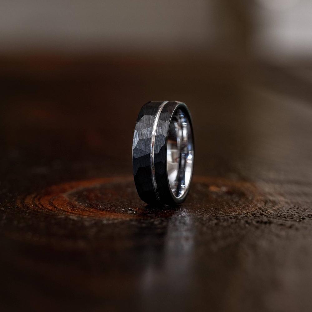 "Zeus" Hammered Tungsten Carbide Ring- Black w/ White Gold Strip- 6mm/8mm