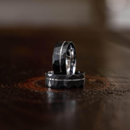 "Zeus" Hammered Tungsten Carbide Ring- Black w/ White Gold Strip- 6mm/8mm