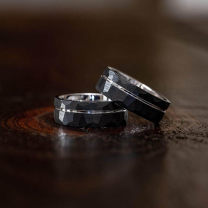 "Zeus" Hammered Tungsten Carbide Ring- Black w/ White Gold Strip- 6mm/8mm