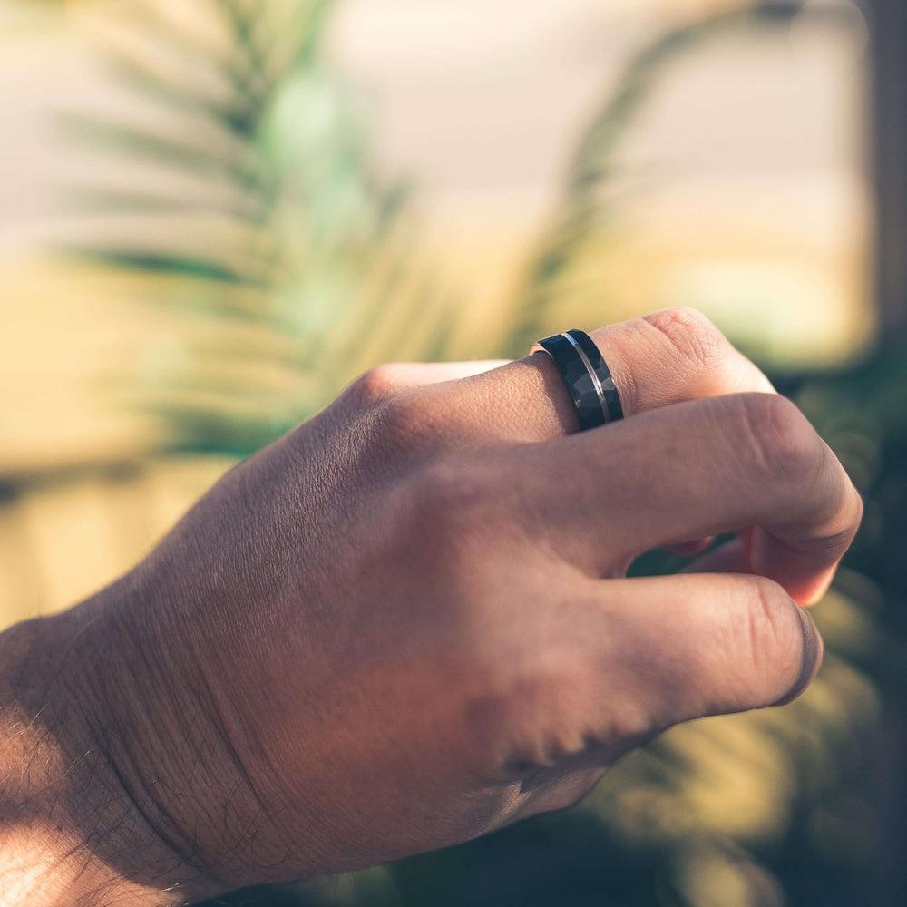 "Zeus" Hammered Tungsten Carbide Ring- Black w/ White Gold Strip- 6mm/8mm