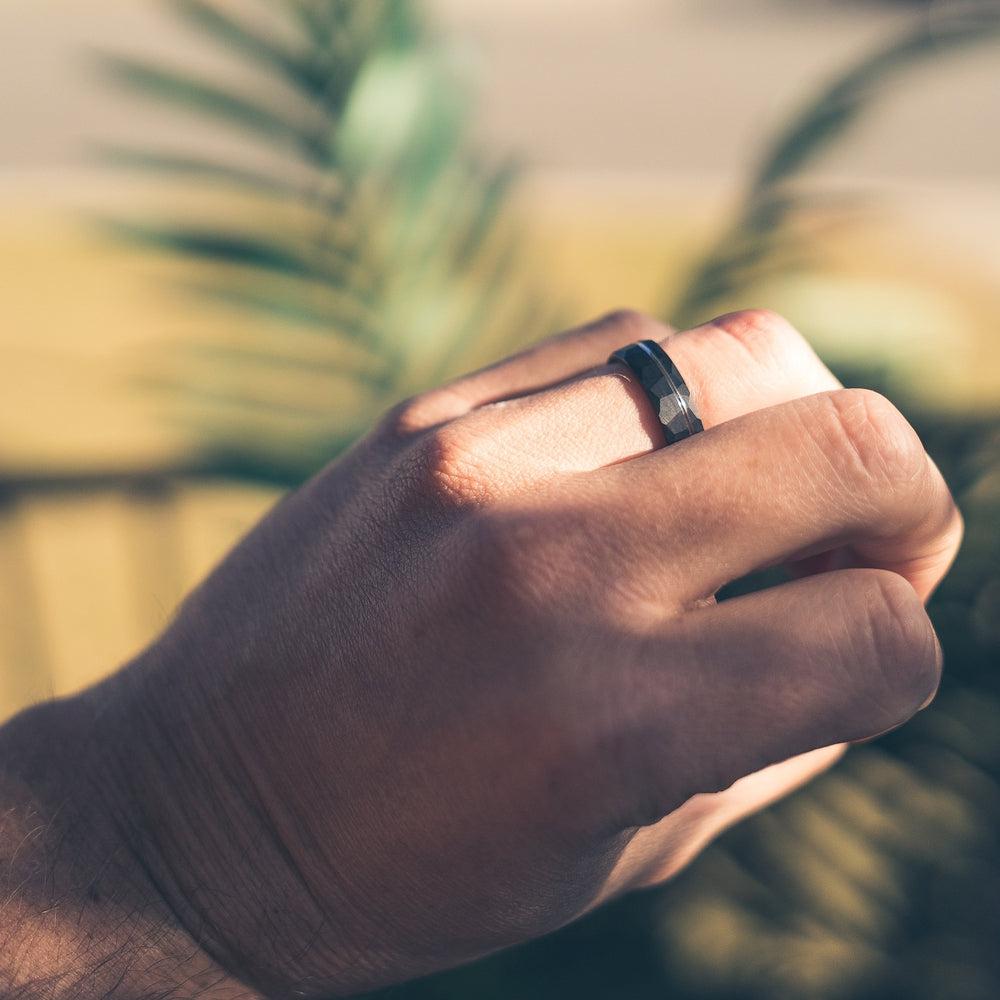 "Zeus" Hammered Tungsten Carbide Ring- Black w/ White Gold Strip- 6mm/8mm