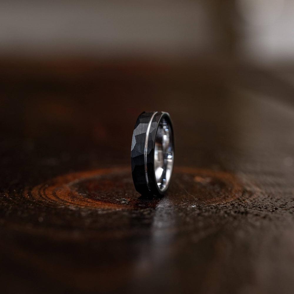 "Zeus" Hammered Tungsten Carbide Ring- Black w/ White Gold Strip- 6mm/8mm