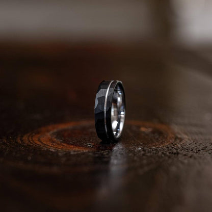 "Zeus" Hammered Tungsten Carbide Ring- Black w/ White Gold Strip- 6mm/8mm