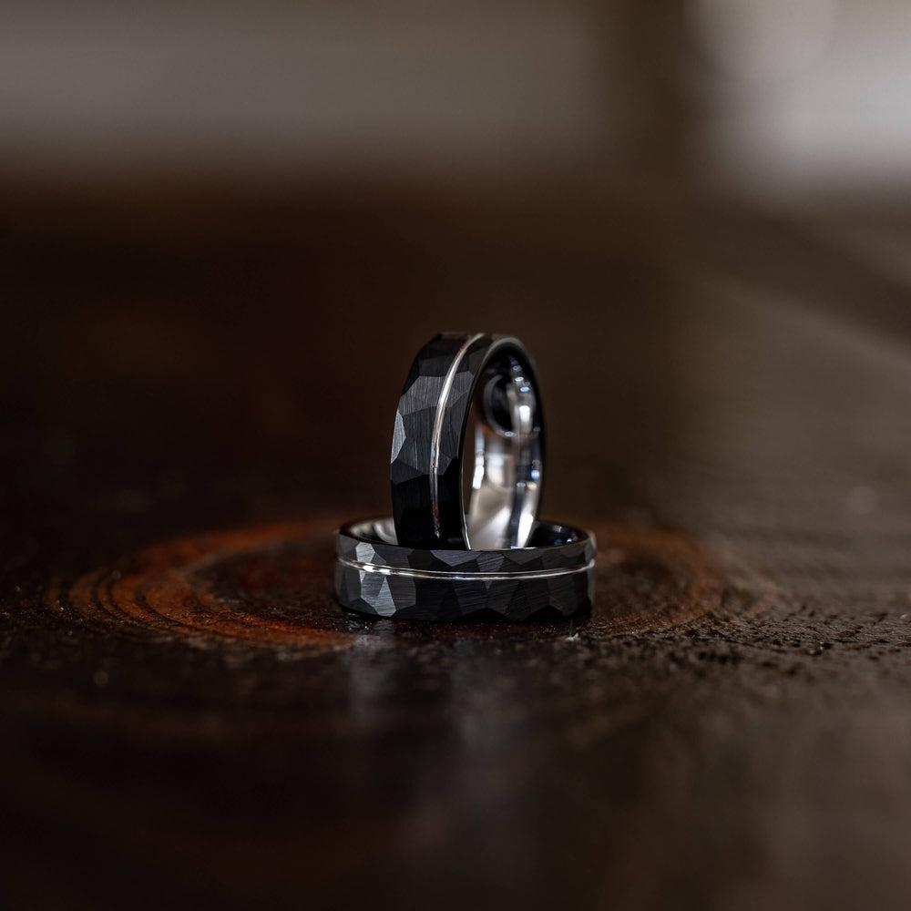 "Zeus" Hammered Tungsten Carbide Ring- Black w/ White Gold Strip- 6mm/8mm