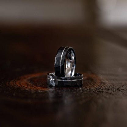 "Zeus" Hammered Tungsten Carbide Ring- Black w/ White Gold Strip- 6mm/8mm