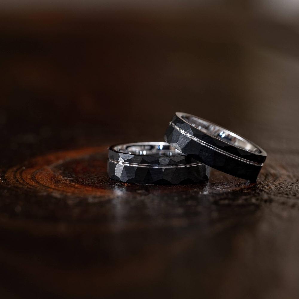 "Zeus" Hammered Tungsten Carbide Ring- Black w/ White Gold Strip- 6mm/8mm