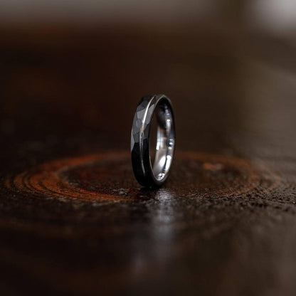 "Zeus" Hammered Tungsten Carbide Ring- Black w/ White Gold Strip- 6mm/8mm