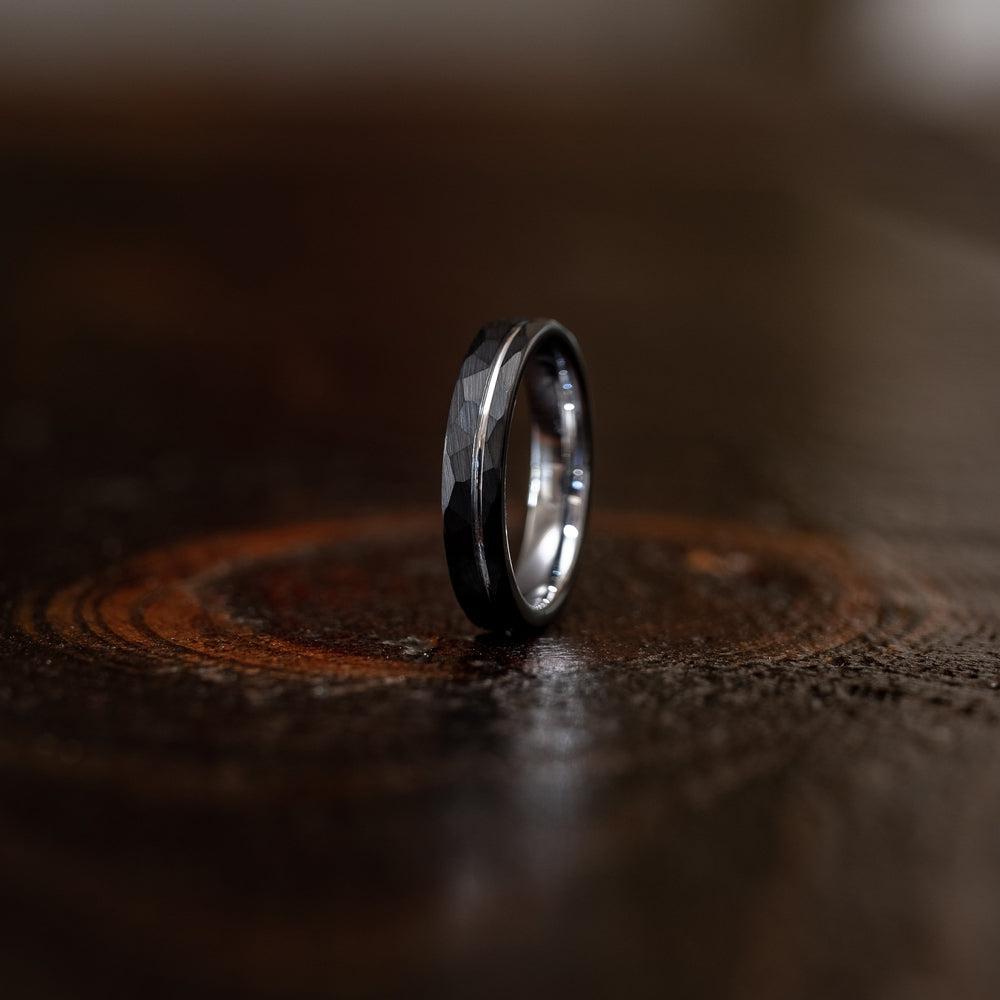 "Zeus" Womens Hammered Tungsten Carbide Ring- Black w/ White Gold Strip- 4mm