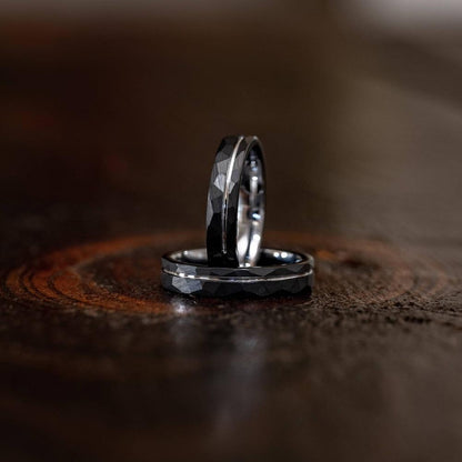 "Zeus" Hammered Tungsten Carbide Ring- Black w/ White Gold Strip- 6mm/8mm