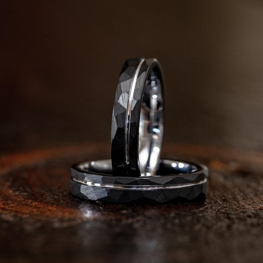 "Zeus" Womens Hammered Tungsten Carbide Ring- Black w/ White Gold Strip- 4mm