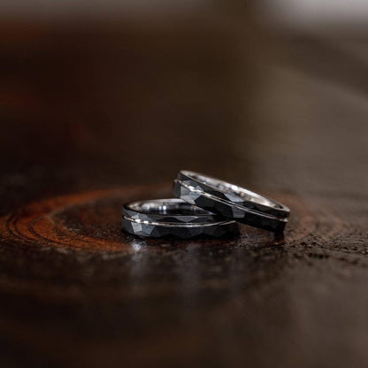"Zeus" Hammered Tungsten Carbide Ring- Black w/ White Gold Strip- 6mm/8mm