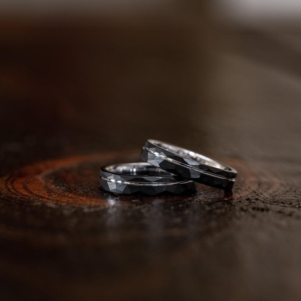 "Zeus" Womens Hammered Tungsten Carbide Ring- Black w/ White Gold Strip- 4mm