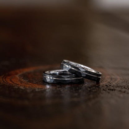 "Zeus" Womens Hammered Tungsten Carbide Ring- Black w/ White Gold Strip- 4mm