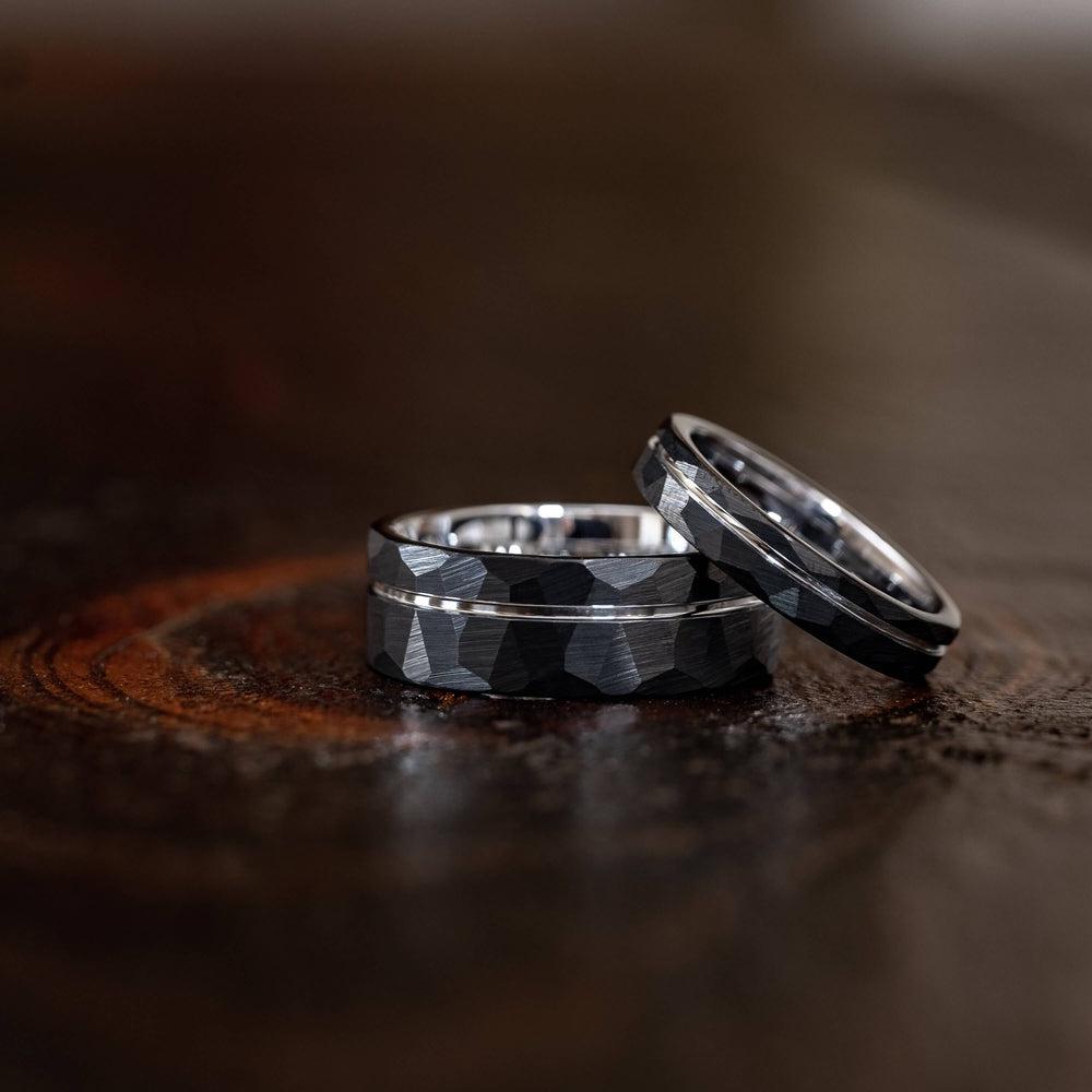 "Zeus" Hammered Tungsten Carbide Ring- Black w/ White Gold Strip- 6mm/8mm