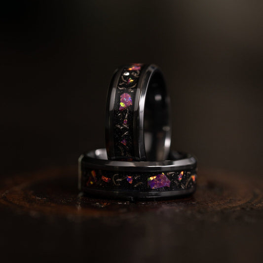 "Hades" Hammered Black Zirconium x Galactic Opal - Meteorite - 8mm