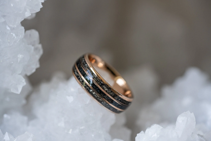 "Perseus" Rose Gold Domed Tungsten Carbide Ring- Black / Blue Dinosaur Bones and Meteorite- 6mm/8mm