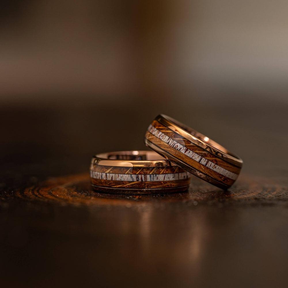 "Dionysus"  Whisky Barrel Wood x Antler Ring- Rose Gold Tungsten