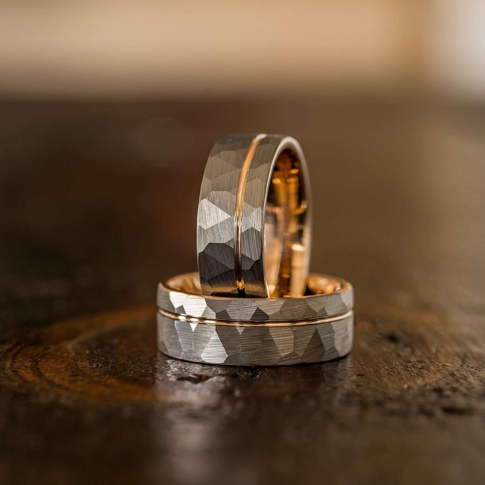 "Zeus" Hammered Tungsten Carbide Ring- White Gold w/ Rose Gold Strip- 6mm/8mm