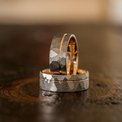 "Zeus" Hammered Tungsten Carbide Ring- White Gold w/ Rose Gold Strip- 6mm/8mm