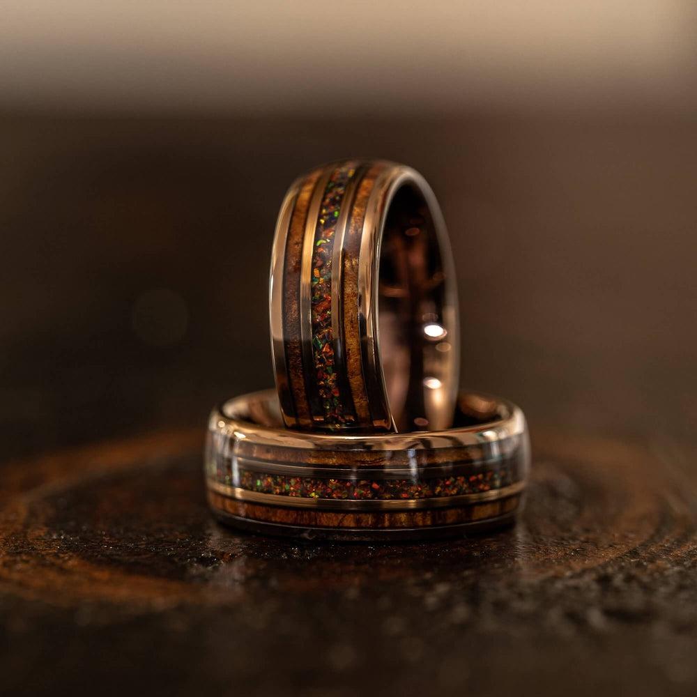 "Dionysus"  Hawaiian Koa Wood x Rasta Opal Rose Gold Tungsten Ring