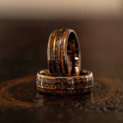 "Dionysus"  Hawaiian Koa Wood x Rasta Opal Rose Gold Tungsten Ring