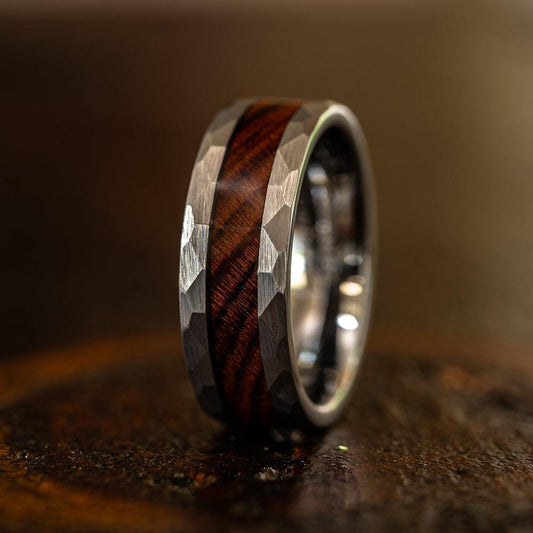 "Zeus" Hammered Tungsten Carbide Ring- Silver with Desert Ironwood