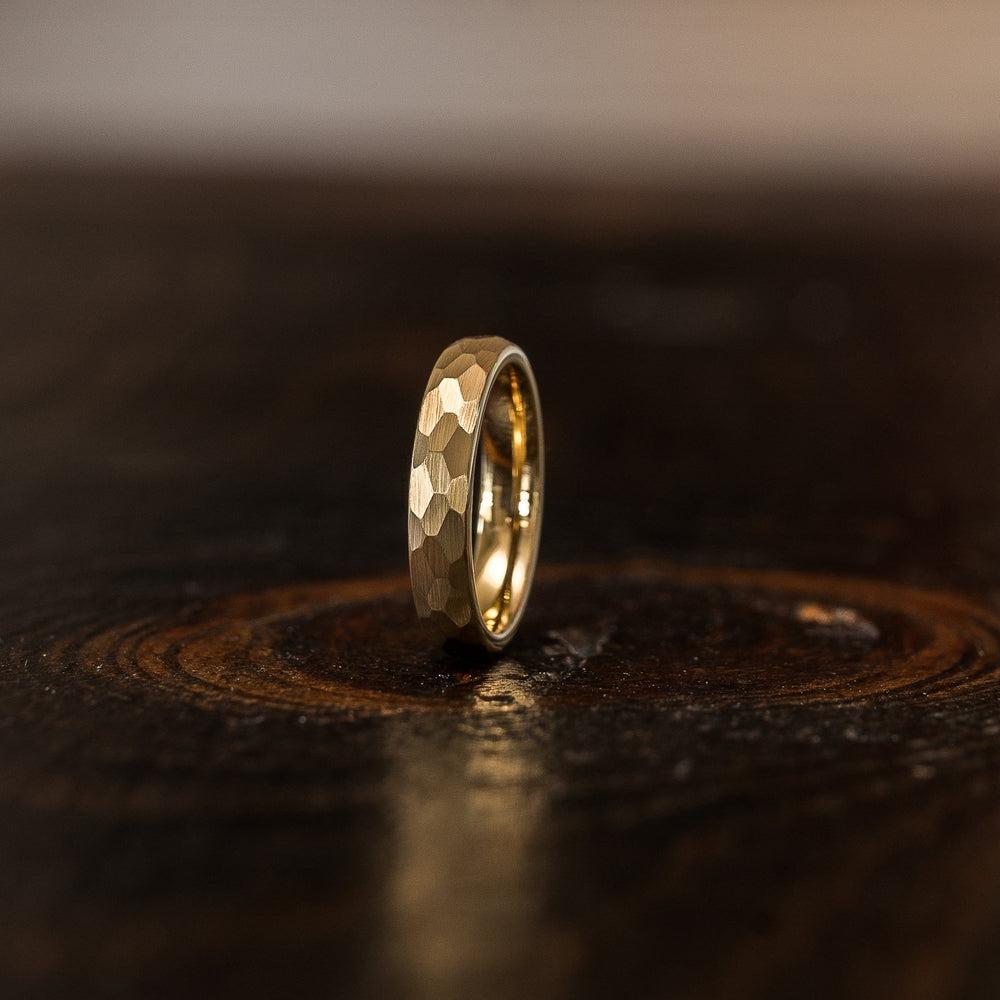 "Zeus" Womens Hammered Tungsten Carbide Ring- Yellow Gold Plate- 4mm