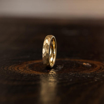 "Zeus" Womens Hammered Tungsten Carbide Ring- Yellow Gold Plate- 4mm