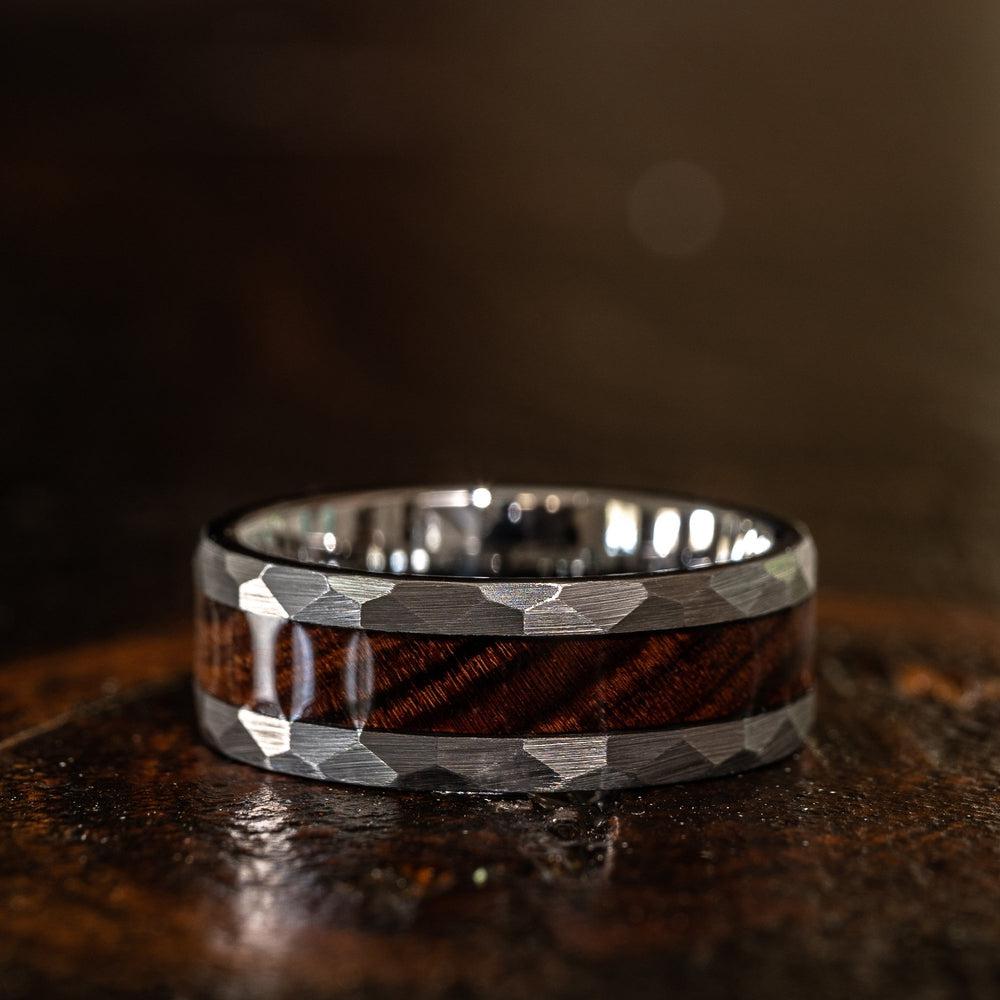 "Zeus" Hammered Tungsten Carbide Ring- Silver with Desert Ironwood