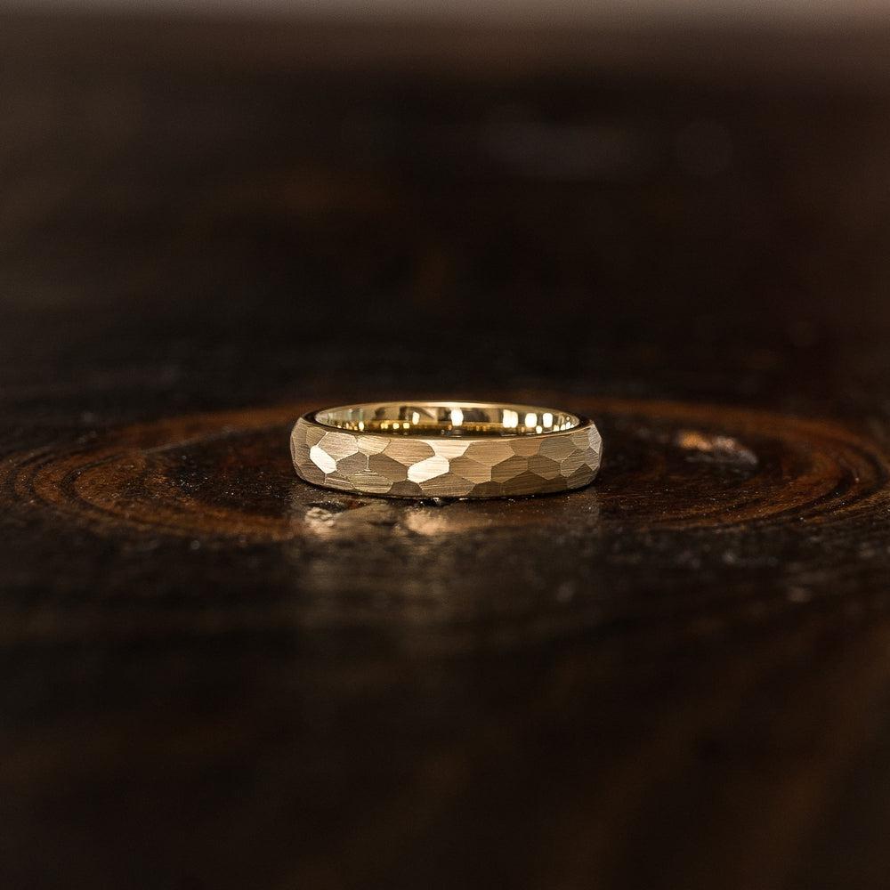 "Zeus" Womens Hammered Tungsten Carbide Ring- Yellow Gold Plate- 4mm