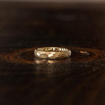 "Zeus" Womens Hammered Tungsten Carbide Ring- Yellow Gold Plate- 4mm